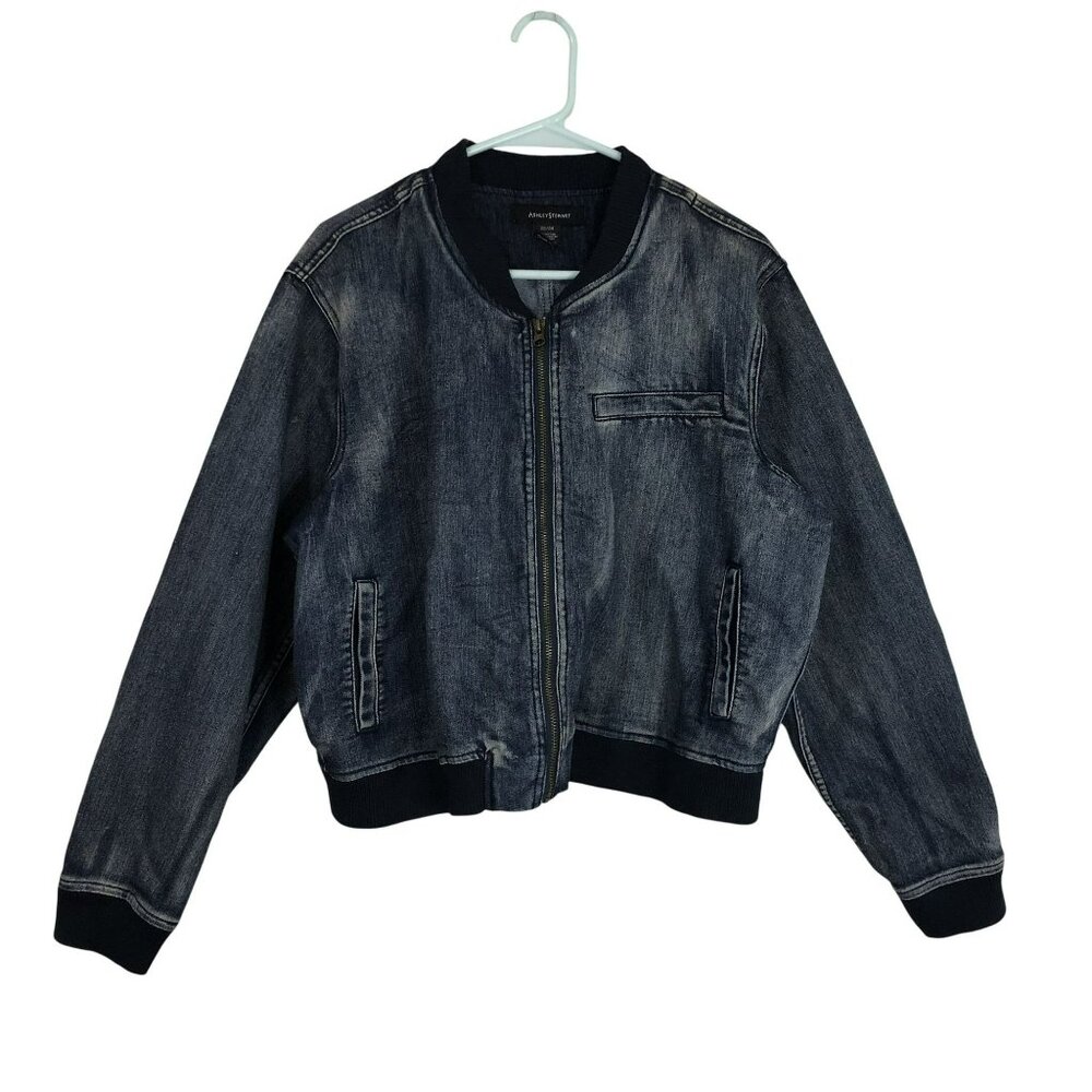Ashley Stewart Denim Bomber Jacket Sz 22/24 Washed Blue Distressed Design Women